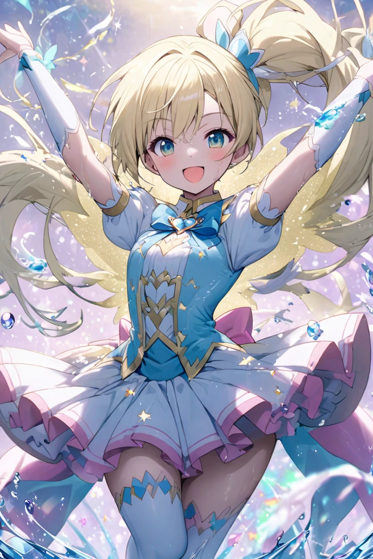aruru_otsuki\(starlight\), aruru_otsuki\(starlight\)token12, wrist_cuffs, 1girl, long_hair, blonde_hair, solo, yellow_eyes, blurry, jewelry, cape, frills, thighhighs, blue_scarf, masterpiece, high_quality,Extremely Delicate Pixiv 8K-Illustration, Best Quality, Hyper Detailed, Intricate Details, Sun Dogs Effect, Depth Of Field,, (extremely detailed skin), (extremely detailed eyes), (extremely detailed face), (extremely detailed hair), (perfect anatomy), (((5fingers))),extremely detailed CG unity 8k wallpaper,thick highlights in eyes,extremely detailed glistening iris, perfect shading, perfect overlay, perfect highlights, color tress, colorful reflected light in eyes,