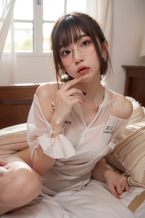 1 malay girl, selfie pose, random glasses, random hair, random pajama, (midnight), bedroom, sitting on bed,