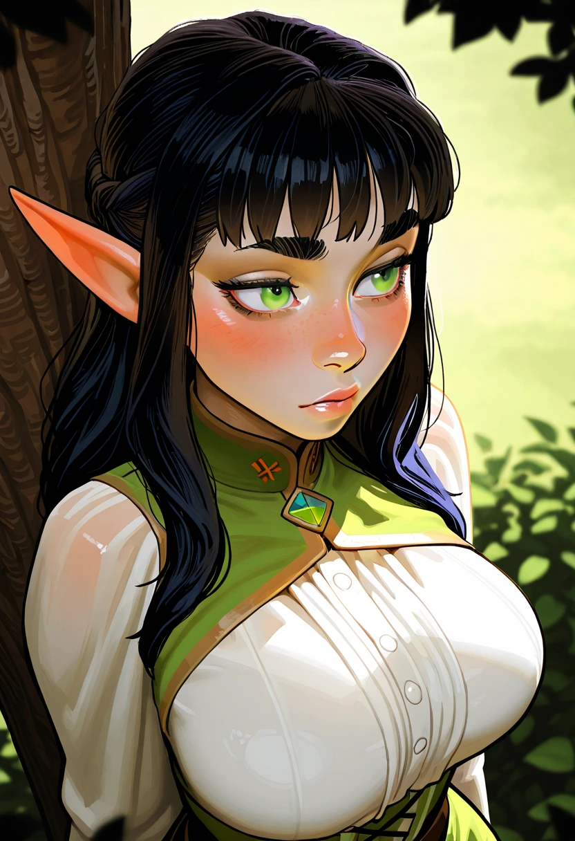 Humanoid creature, elf ears, blue eyes, black hair, forest on the background