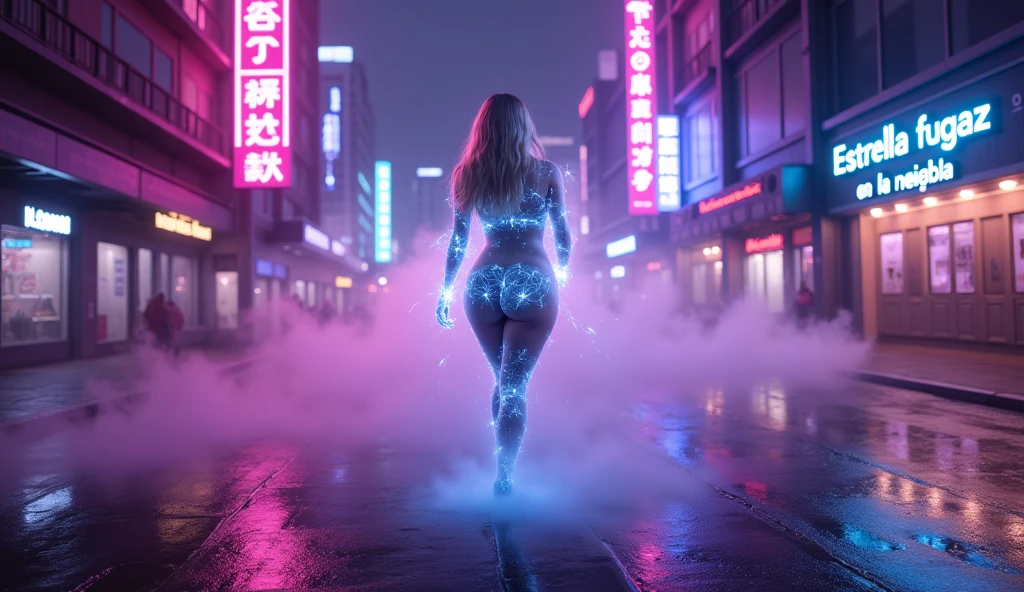there is a woman standing with a rainbow light, 3 d neon art of a womans body, neon-noir background, cyberpunk femme fatale, seductive cyberpunk dark fantasy, cyberpunk strip clubs, cyberpunk 20 y. o model girl, oppai cyberpunk, banner, high definition cgsociety, cgsociety masterpiece, trending on cgstation, kda naked nude full body