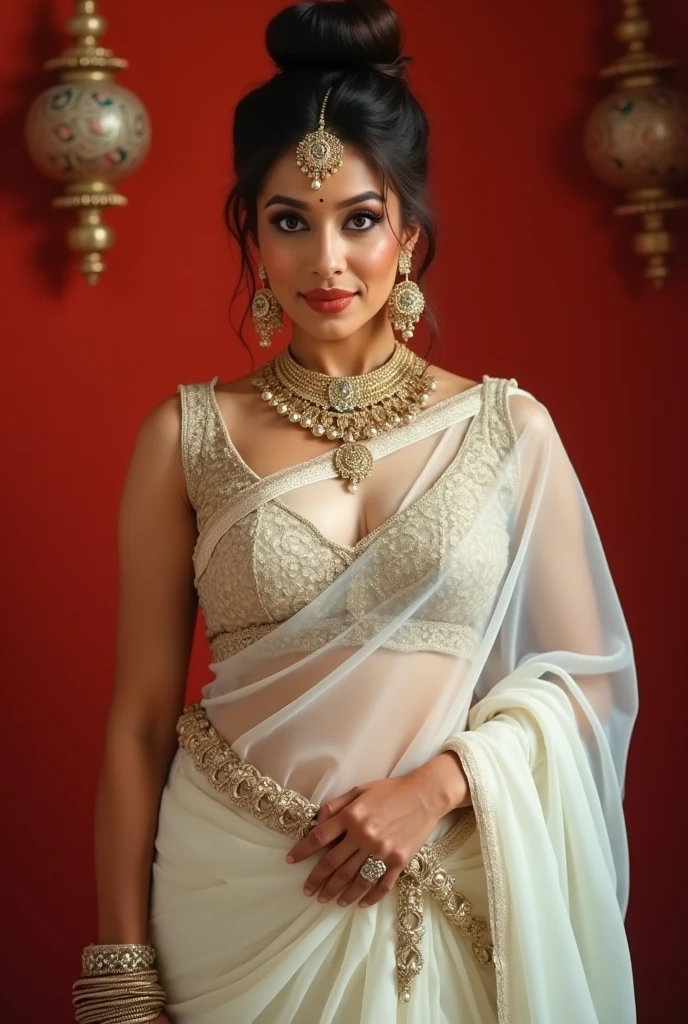 Beautiful ,23 years young girl,confident looking,8k,realistic,dark brown hair,fair skin, indian,long hair,clear facial features, wearing dupatta and kurti with claping hands, saying namaste, big size breast, wearing bra and saree, wearing jewellery 