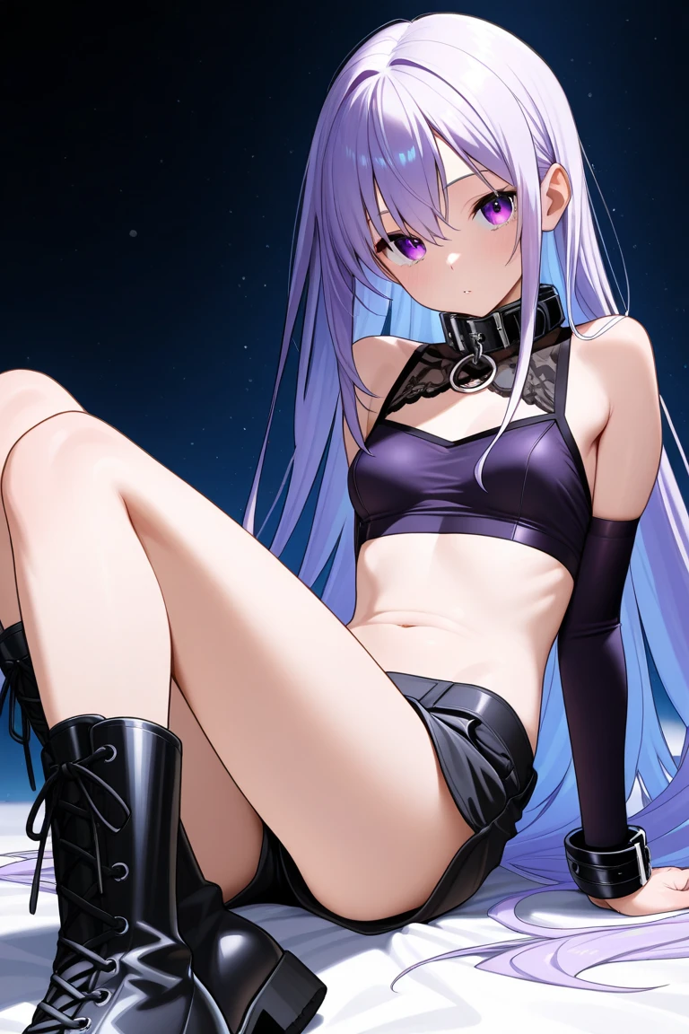 Medusa、fate、Purple Hair、Long Hair、((Thigh-high boots))、Photo from below、Medium chest、Bedroom、Black Bra、Black Panties、((Long gloves))、Spread your legs