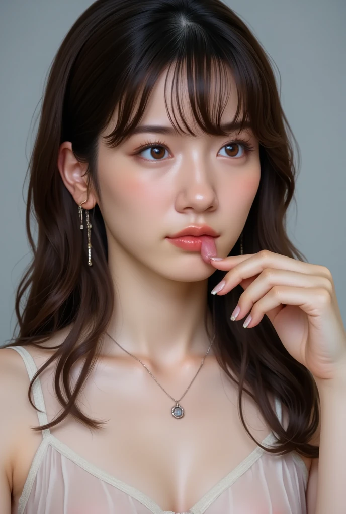 (8k, Raw, Top Quality, Masterpiece: 1.2), (Realistic, Photorealistic: 1.37), Ultra High Resolution, One Girl, Cute, Alone, View Alone, Top Quality, Masterpiece, 8k, droopy eyes, big tits, beautiful breasts, plain background, purple lingerie, purple string panties, smiling, standing, highly detailed face, highly detailed lips, double eyelids, elaborate details and subtle sparkle, shoot her in a pose that reflects both elegance and confidence, enhance the visual effect with cinematic lighting. Use modern 2D design for the background, creating a beautiful, balanced composition. Enhance the scene with elements such as depth of field, bloom effects, and a touch of sparkle, adding a dreamy texture to the overall image. Pay close attention to detail