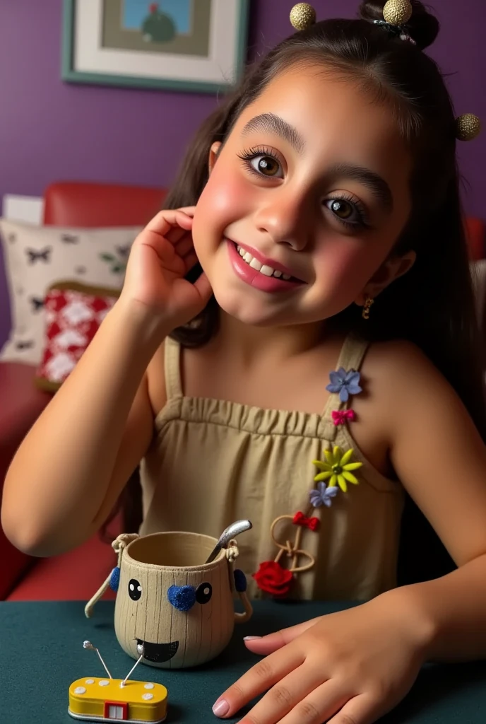 a 5 year old , receiving a toy like award, happy face, very expresive gesture in face addcol 25 years old woman, giving toy to . ((Peruvian skin)), clean dark hair, a interior of house background, HDR, natural hot lights, diary clothes, natural hot lights, (((photo realistic image:1.4)))