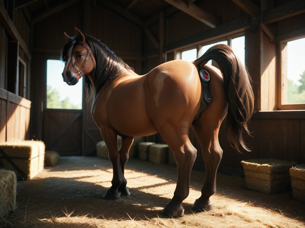 full rear view of a very huge fat very hairy (1,200) draft black horse stallion. big lumps of horse excrement oozing out of rectum (1,20) at the centre of a big bum. huge stream of light yellow urine gushing out of tip of big erect horse penis (20) flooding (1,80) the ground under horse. facing away from view point - towards horizon. open rectum and anus in full view tail to left side. ((masterpiece)), ((best quality)), ((highres)), ((extremely detailed)), (( long distance back view)), (super realistic) . anatomically correct. open field. bright sunny sky. (head(1,10), body, legs, hooves,(2.5)). hairy horse. 5 very large piles of horse dung around back of horse(1,20). horse ridden(1,5) by a BBW African(1,5) woman