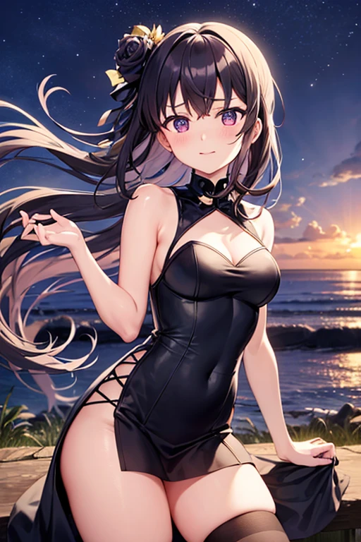 ((masterpiece, best quality, ultra-detailed, high resolution, extremely detailed CG, super detailed, Most beautiful clean lighting)), 1girl, child-like build, 14 years old, cute girl, flat chest, pretty face, smile, Beautiful black long hair, black eyes, Summer Sea, Seaside, bathing beach, navy blue School Designation swimsuit,