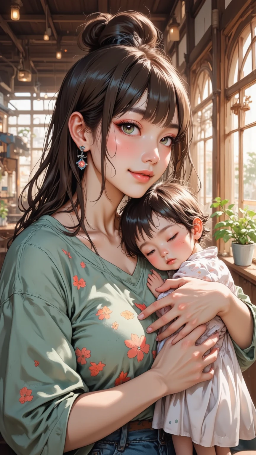 (8K, Best Quality, Masterpiece, Ultra High Resolution) 1 Girl, Woman, Beautiful Eyes, Face Details, Dark Hair, Long Hair, Green Eyes, Pale Skin, Casual Clothing, Holding Baby, Holding , Baby Girl, In Apartment, Living Room, Best Quality, Upper Body, Looking at the Viewer, Facing Viewer, Close Up