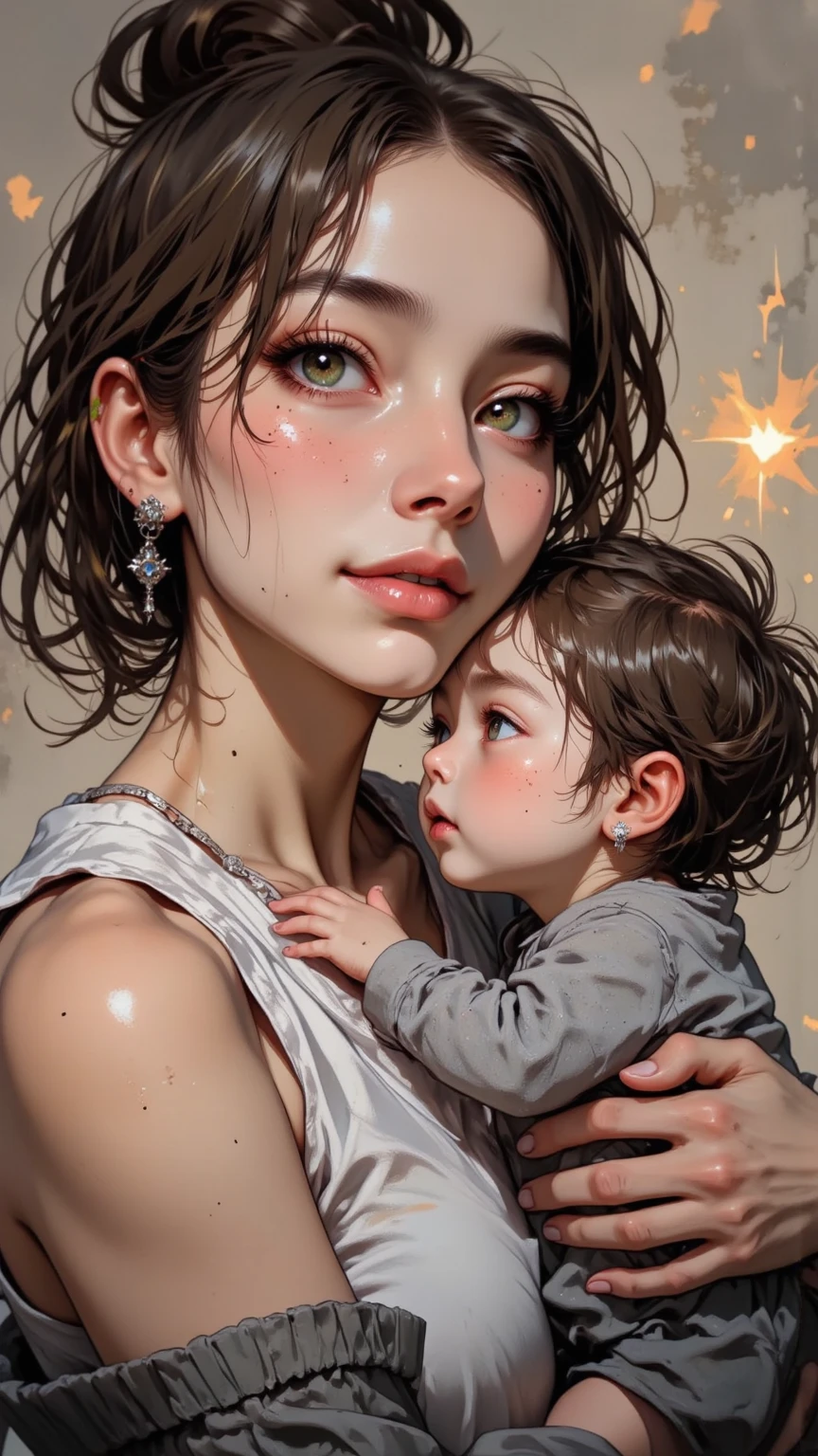 1man, a father, black t-shirt, embrace his baby, A newborn baby, the father's joy, (best quality,4k,8k,highres,masterpiece:1.2),ultra-detailed,(realistic,photorealistic,photo-realistic:1.37),HDR,UHD,studio lighting,ultra-fine painting,sharp focus,physically-based rendering,extreme detail description,professional,vivid colors,bokeh,portrait,glowing,celestial,ethereal,heavenly,angelic,halo,shimmering,radiant,celestial aura,starlight,sparkling,luminous,divine,cherubic