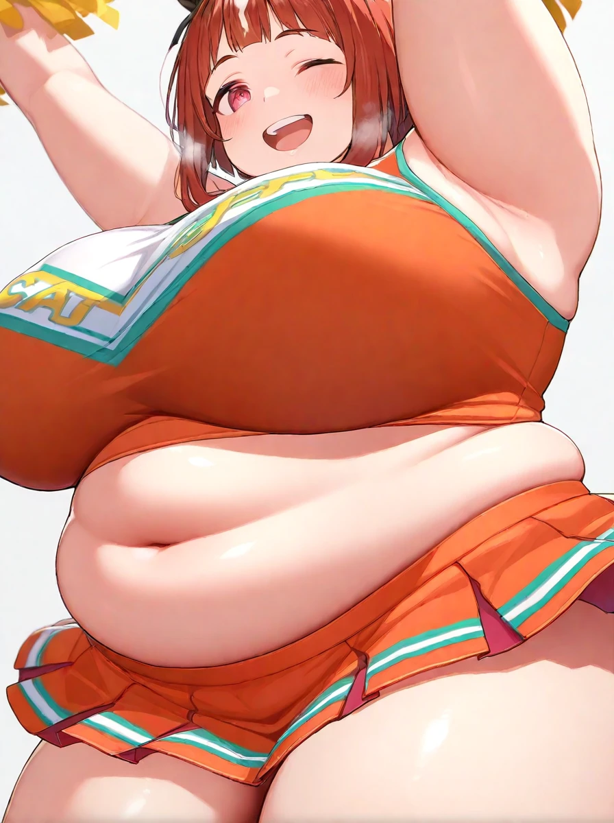 (track and field, Stadium:1.2), (rim lit), (Detailed face:1.1), 1girll, Solo, Smile, Captain Mizuki, one-punch man, A high resolution, Muscular female, Breasts, Orange hair, Sports bra, Upper body, High ponytail, Long hair, medal, Sweat, steams, steamed body, murata yuusuke, Big ass, Big breasts, big thighs, Super tight sporty, Nsfw, micro Thong, Cover breasts