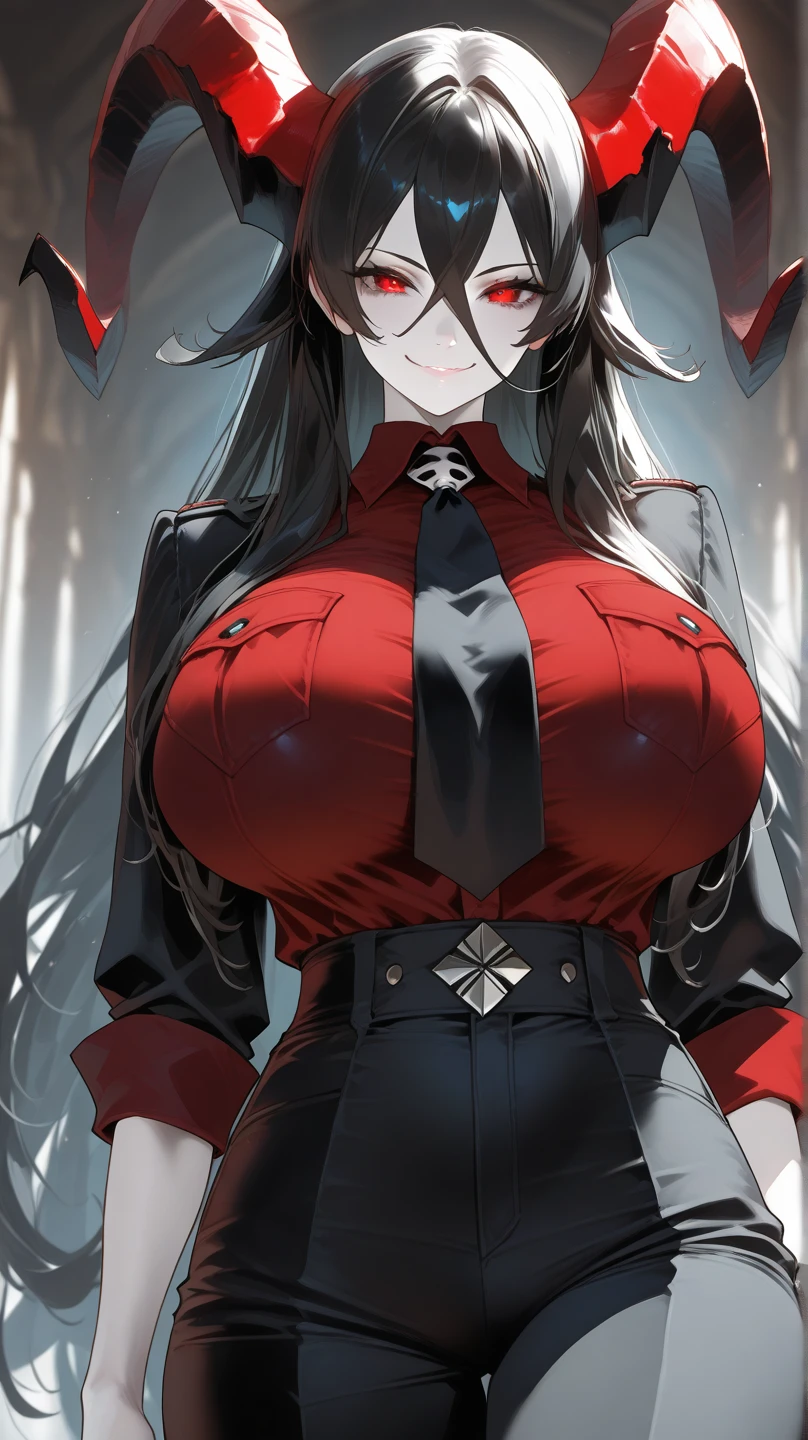 {pant suit}, ((black pant)), black suit, chest harness, black business suit, black vest, cameltoe, (( black business shirt)), button gap, red necktie, red stall, gold buckle belt, black hair, long hair, tall female, lip gloss, red lips, latex, Sheer black shirt, red necktie, red eye, long coat, thick thighs, bangs, red nail, red gem earrings, huge , big ass, enormous breasts, plump, (thigh belt), muscular thighs, gigantic breasts, shiny clothes, detail face, gold buckle belt, open stance,