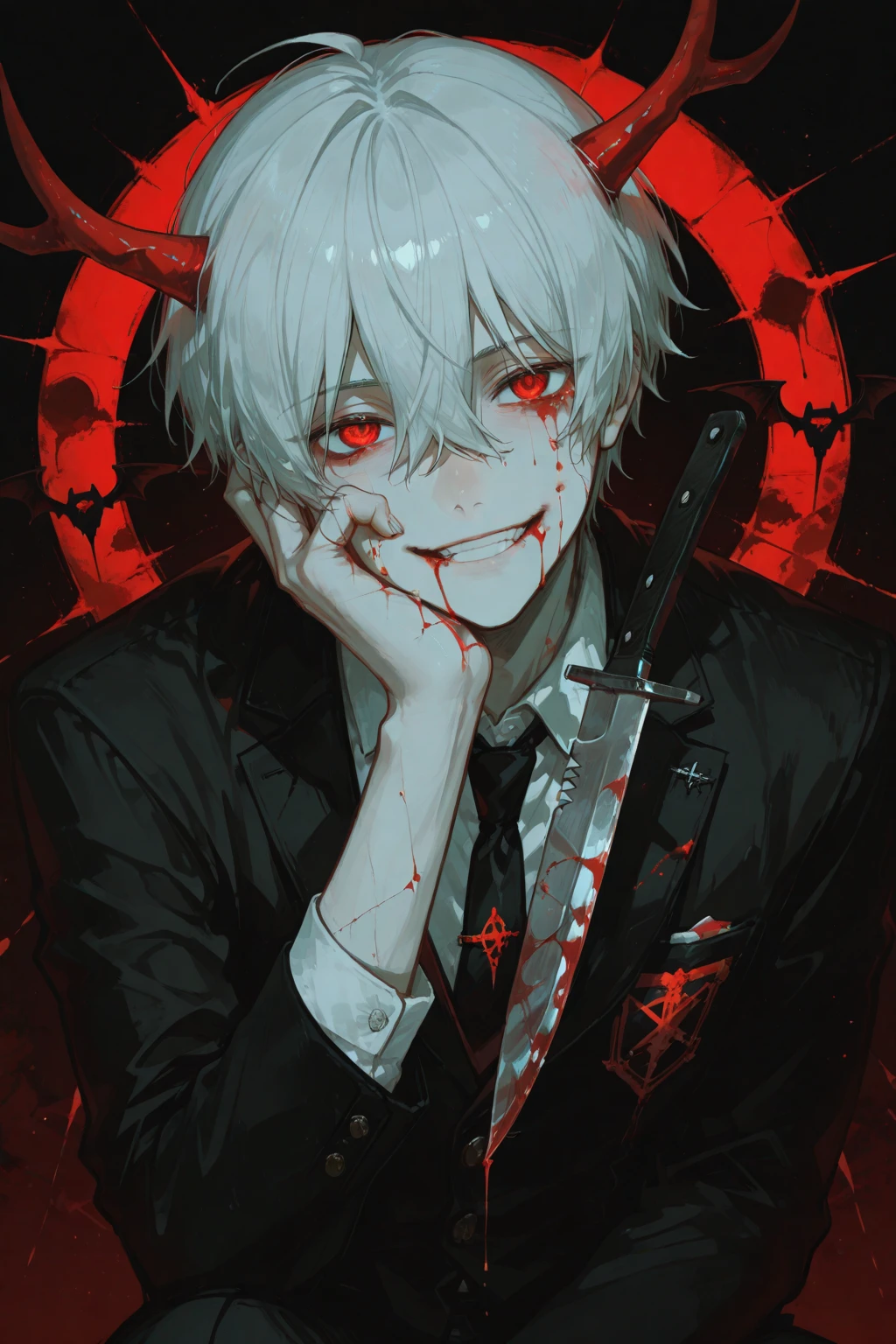 1 Corpse of a boy、Mash、Blood everywhere、blood splashing、dark hue、Red hue、Hand flail、tears