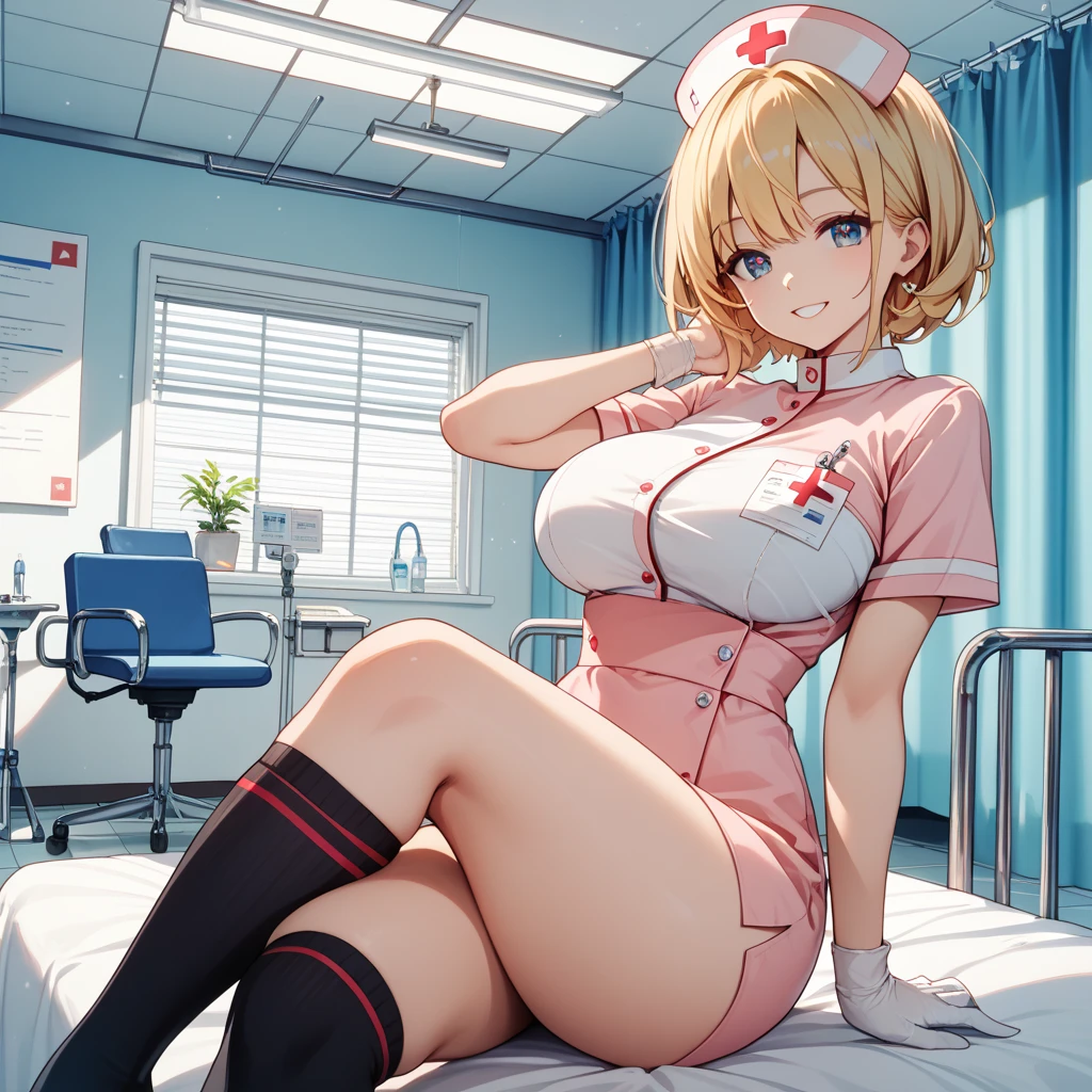 1woman, solo, nurse, white nurse cap, white nurse uniform, ((white legwear, zettai ryouiki)), white gloves, blonde hair, blue eyes, pink lips, smile, standing, ((hospital room)), sharp outline, short sleeves, mature female, 35 years old, best quality, masterpiece