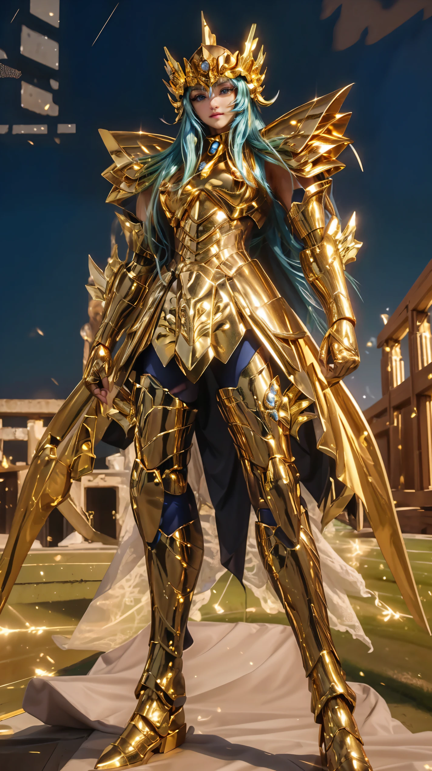 Masterpiece, 8K, Best Quality, Intricate Details, Ultra Details, Very High Resolution, (Make-up: 0.4), (Feathered Blue Eyes: 1.21), ((Full Body)), ((Muscles: 1.1)), Standing, HDR, Ultra Detail, EF 24-70mm f/2.8L II USM, Best Quality, High Quality, 1 Girl, Japanese Girl, Cute, Beautiful, Charming, (Cosmic Big Breasts), 20 years old, 1 girl in a set of armor, Saint Seiya, Saint Seiya Pisces golden armor, shiny gold metal armor, high-tech gold metal armor, shiny metal plate armor, reflective armor, shiny metallic armor, armor details, line details, armor pattern details, woman in shiny gold metal armor, head crown details, gold metal crown, long green hair, straight hair, Japanese girl cosplay, thin, glossy lips, beautiful eyes, natural makeup, realistic.