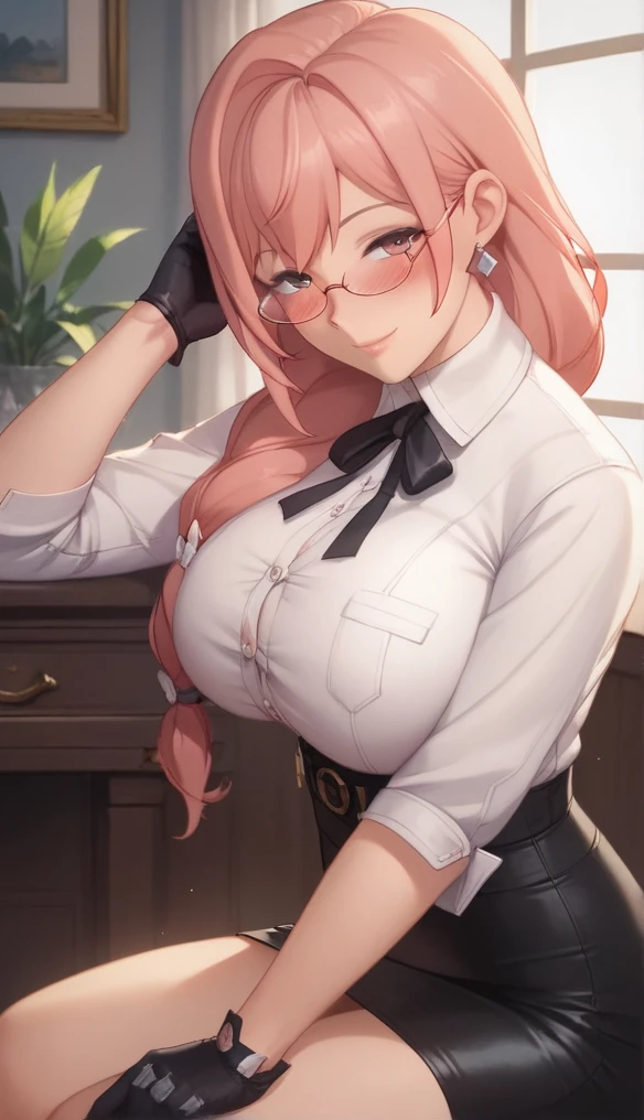 ((masterpiece, best quality)),8k,indoor ,1yae miko,mouth_hold,(white shirt:1.2) ,looking at viewer,slim waist,black bra, use pantyhose