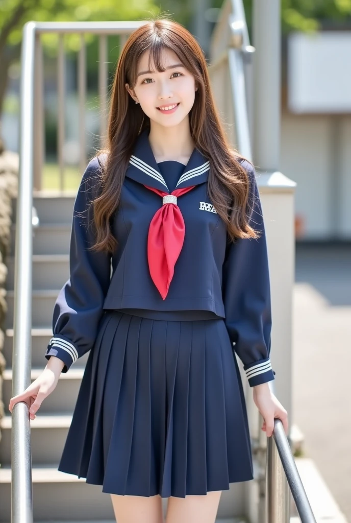 ((highest quality、8k、masterpiece:1.3)),((((cowboy shot)))),Ultra-high resolution,big eyes,Japanese,bangs,(a girl),(1 girl),((20 years old)),((facing at viewer)),(long hair),(((black sailor uniform))),grin,((sitting on chair)),(pleated mini skirt),(((pussy))),((pubic hair)),((skirt lift)),((short crew socks))