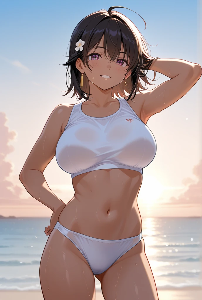 A sexy woman “mikasa” with big breasts and big ass standing in a green field , sunset background , short hair , sexy pose , ass , very thin white bikini , the bikini is wet from her sweet so it reveals the underneath