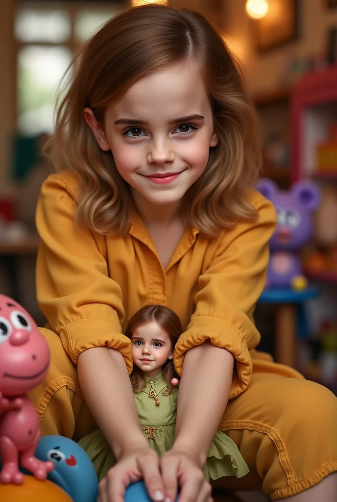The image features a young girl with blonde hair and blue eyes, wearing a yellow shirt with an apple on it, sitting on a wooden floor, smooth 3d model, glossy plastic texture, multiple light sources, rim light, sharp post effects render, most beautiful vfx, , realistic, 4k, high resolution, rim light, smooth 3d model. , glossy texture, smooth 3d model, multiple light sources, rim light, sharp post effects render, (glossy plastic texture with multiple big light probe refractions), perfect cgi, reflective, best quality, 4k, masterpiece:1.2, ultra-detailed, realistic, vivid colors, The image of the highest quality, ensuring every detail showcased perfectly. It in 4k resolution, allowing viewers to immerse themselves in the richness of the colors and intricate details. The realistic rendering. under the spotlight, reflecting, high-resolution image, realistic rendering