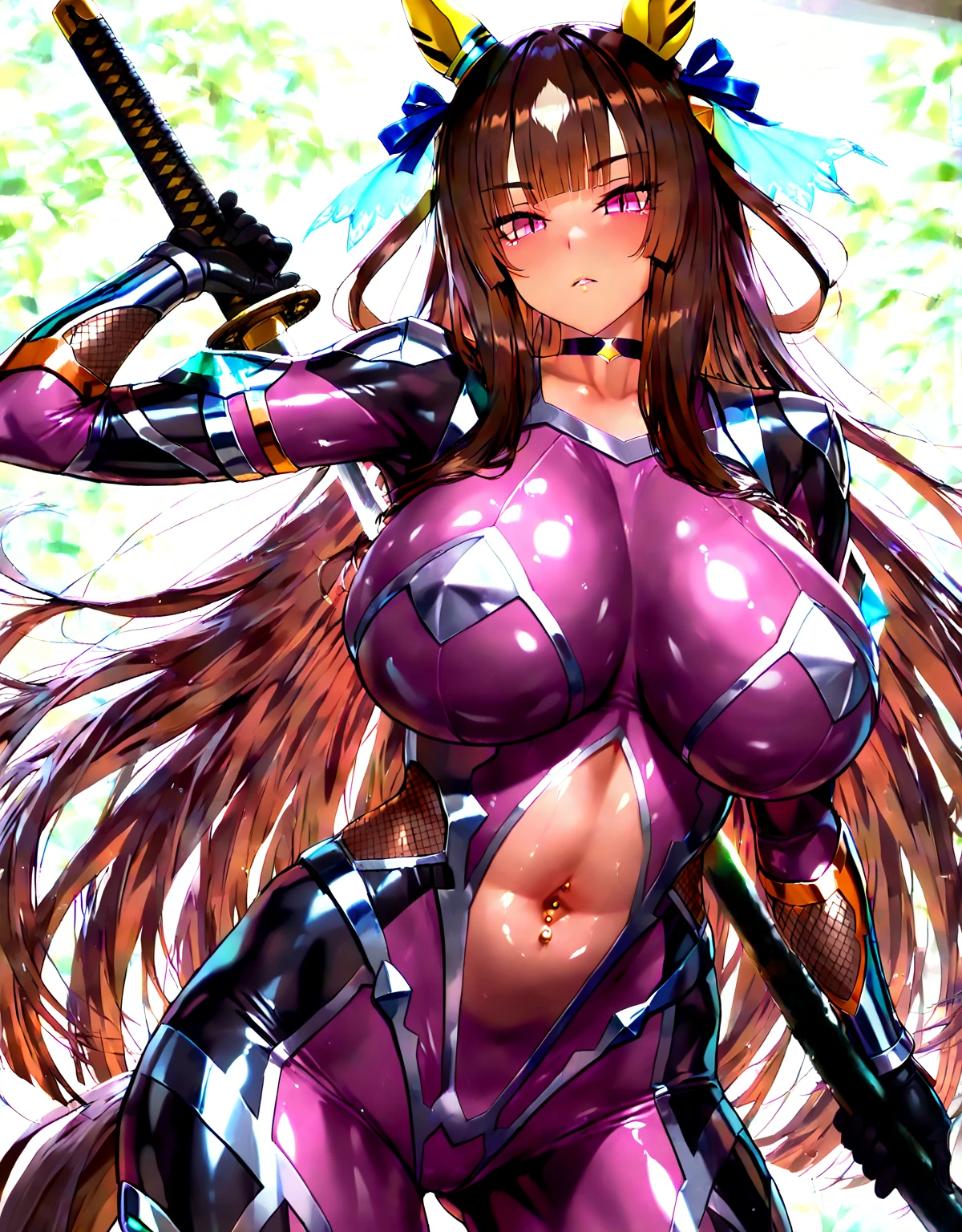hmmr1, maruzensky \(umamusume\), asagioutfit, bare shoulders, purple gloves, skin tight, shiny clothes, impossible bodysuit, purple bodysuit, sleeveless, fishnets, elbow gloves, shiny,arms behind head ,smile,standing,three ,cherry blossoms,cowboy shot