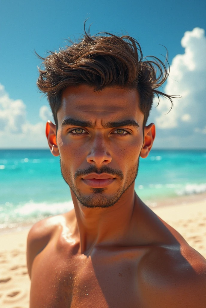 RAW photo, full color, commercial quality portrait, latino hunk, ((age 27)), full-body view, ((shot from below)), athletic physique, masculine features, very tanned skin, dark eyes, black hair, spiked haircut, kneeling, ((leather speedo)), ((leaning forward)), water scene, in the style of herb ritts, (((homoerotic))), barechested, tanned skin, ((short hair)), spiky hair, razor stubble sharp focus, hdr, cinematic, clear, vibrant, colour pop, heavy contrast, dynamic lighting, 4K, (high detailed skin:1.2), dslr