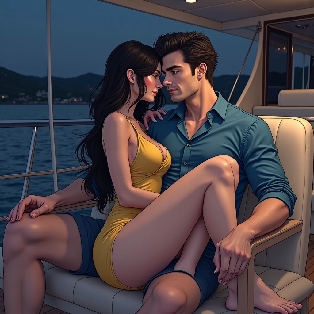 The man in his 45s with black very short hair and smooth face with moustache. The woman in her 45s with brown wavy long hair. The man is wearing an unbuttoned white shirt and black trousers. The woman is wearing a black evening dress. Night. Dark. On the beach. A campfire burns next to them. Missionary sex. The woman is moaning. Orgasm. Passion. Erotic. Realistic. Ultra realistic.