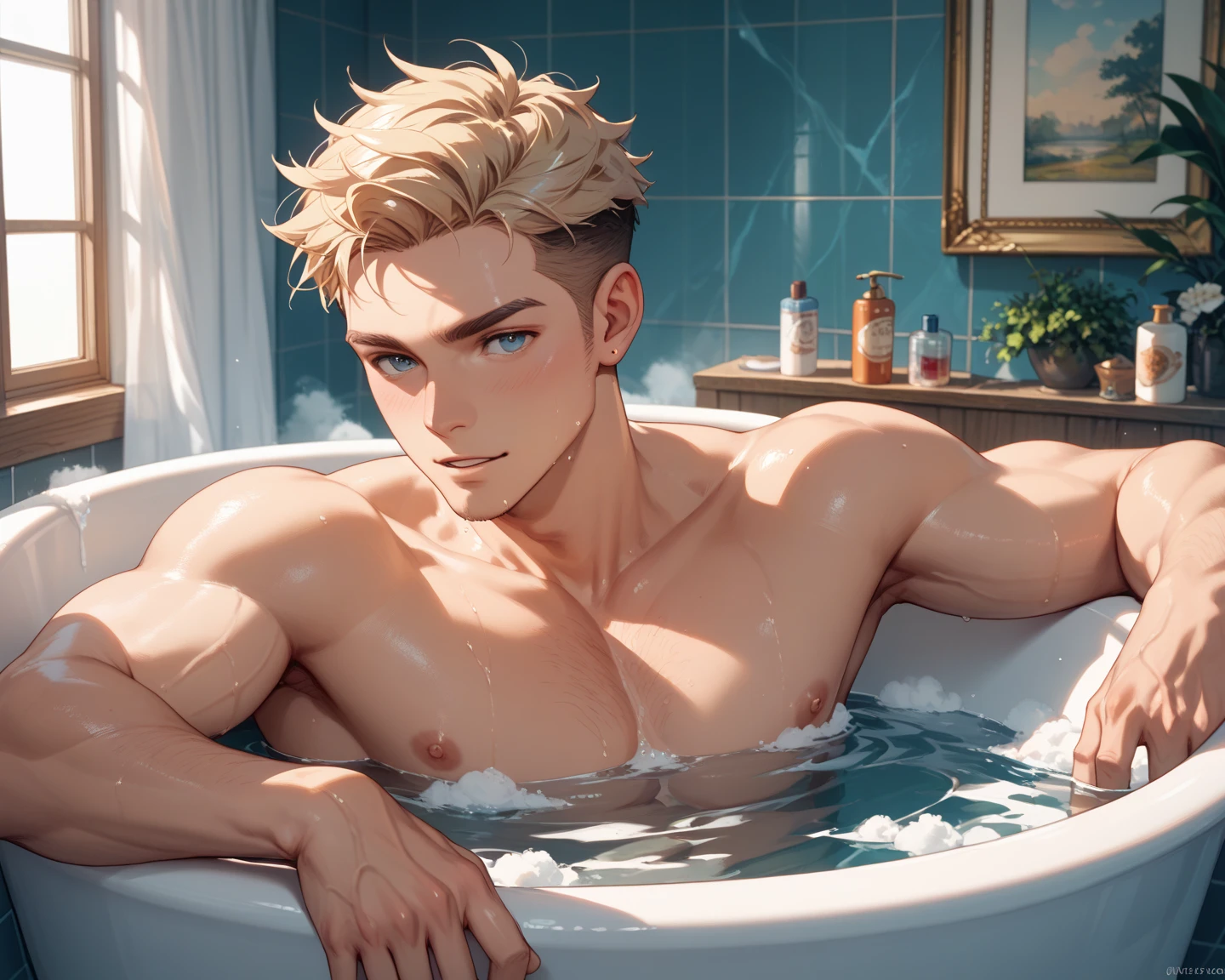 A young boy with white hair,fair skin,handsome,The triangle briefs are wet, so I took half of them off.,裸上半身Soaked in milk,Showing six-pack abs and chest muscles with water droplets on them,Soaked in milk,纖細長腿Soaked in milk,There is a big protrusion from below and milk is spurting out,Soaked in milk,Tilting their head back, they wore an expression of comfort.,Milk flows from the corners of the mouth,Sticking out tongue,Drinking milk,Very shy expression,Milk flows from the corner of the mouth,covered in milk,soak in milk,There's milk on your face too,Milk flows from the corners of the mouth,身上Soaked in milk,Complete character,To the light,The light shines on the abdominal muscles,milk everywhere