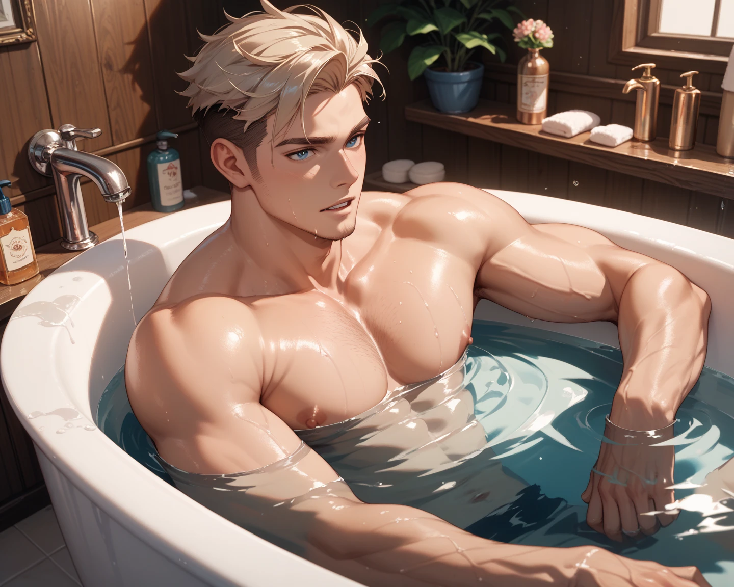 A handsome man, caucasian, short messy blonde hair, shirtless, soaking in a hot pool, attagrif, close up face, zoom face, muscular