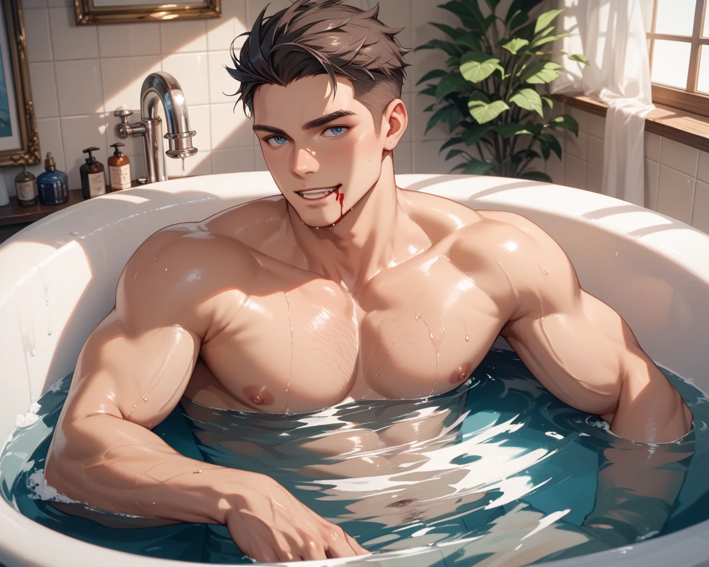 (((short hair))),Short hair,Two bits(((40 years old Japanese handsome muscular bodybuilder with stubble lying in bathtub))), Mouth open,blush,(((Painful expression))),Sweaty,very handsome, Perfect facial features, No clothes, Armpit Hair, Pure black background, Fit body, Perfect composition, beard,(((Japanese short hair muscle bodybuilding champion))),No chest hair,Smooth pectoralis major,(((asshole,,,Occluded,Sprinkling,White,Whitecum,Transparent Thong))),, Provocative, (((Wheat skin color))),muscular,, Ultra-high quality, XT3, Crystal clear, 8千 ultra high definition, High Detail, Ultra-realistic photos, (Realistic skin), ((pores)), ((High Detail skin)), Volumetric Light, groin, Far, Complex 3D Visualization, High Detail,Real human skin ((Correct body structure)), (((Correct anatomy))),(((Forced noise reduction)))