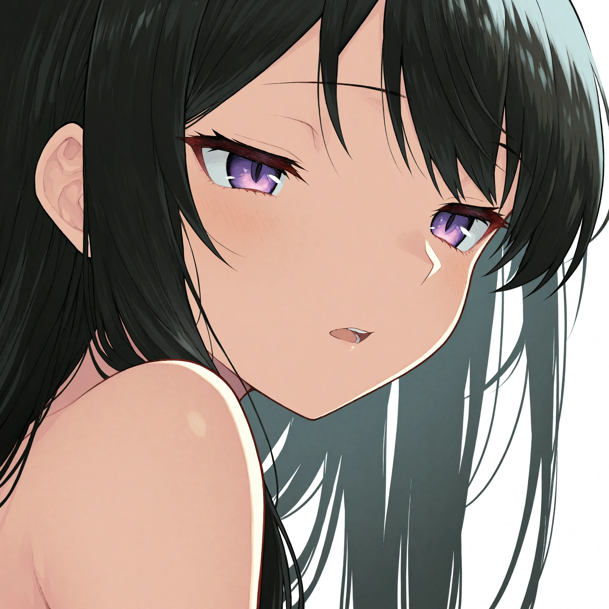 Yandere trance, curvy blue eyed girl with long wavy black hair and small breasts