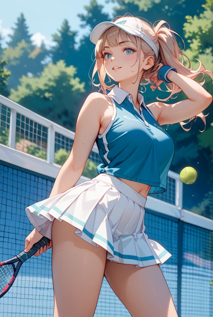 slim legs, happy, cleavage, short skirt, navel, blue eyes, tennis player, thigh high socks, stand, blonde hair, long hair, short skirt
