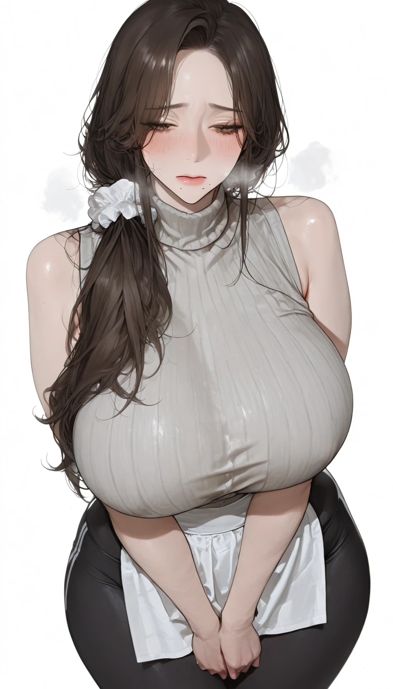 {{masterpiece}},high quality, 4K, 2D,depth of field, 1 girl,{simple gray background},(45 year old woman,mature female:1.2),milf,standing,(sagging breasts:0.7),(gigantic breasts:1.4),maid,front face,{{tareme}},ponytail, black hair,,plump,impossible clothes, {from right in front of face and body},View viewers from front,{front facing shot},Wear glasses,(serious:0.2)