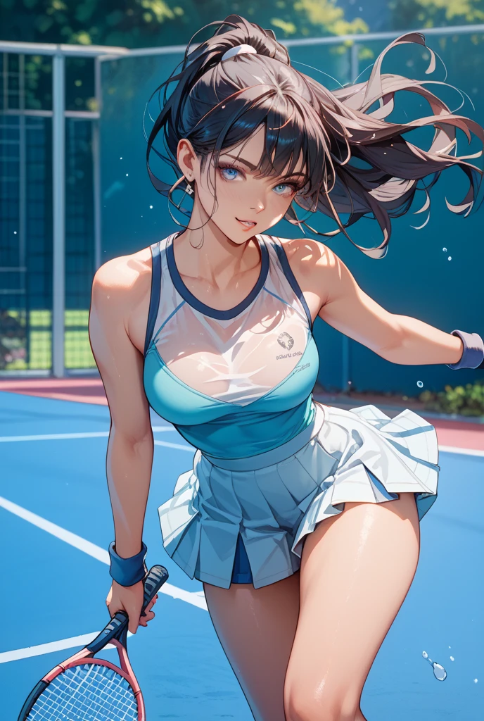film photography, 1girl , sexy , (((whole body ))) , dynamic pose , (((sexy pose))), masterpiece
Character: Seductive Tennis Star
Style: Courtly Allure
Description: She's on the tennis court, wearing a sleek and form-fitting tennis outfit that highlights her athletic physique. Her hair is a striking shade of electric blue, styled in a sporty ponytail. With intense sapphire eyes, a competitive edge, and a playful smirk, she exudes an air of confidence and allure as she serves a powerful ace. The tennis court is bathed in bright sunlight, with cheering fans in the stands , large breast, full body, (realistic detailed eyes, natural skin texture, realistic face details), finely detailed, hyperrealistic