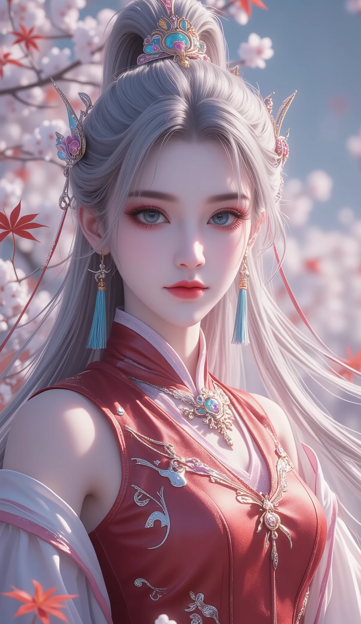 Chinese Fairy Tales character, extremely details, high detailed face, mature woman, extremely busty, cool beauty, living expressions, (cold gaze, cold eyes, aqua eyes), expressionless, (gray hair), highlight, high ponytail, shiny silky, Hime cut, long hair, tassel earrings, Hair tube, iridescent, (full detailed crimson red oriental hanfu, Sleeveless, high neck top, leather, light pink trim, detached sleeves, white Cloak, traditional styles, tight clothing), delicate and dynamic textures, contrasts of light and shadow, Ancient Chinese fairy tales, CGI, artistic photography, hyper realistic, digital graphic CG, snow flower field, red maple leaf, Flowing breeze