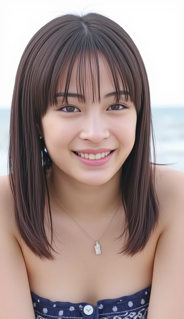 summer, Beach, One woman,((Full nudity)), ((Anatomically natural nipples)),((Mischievous Smile)),whole body,Model-like pose,Shortcuts,Very short hairstyle,Healthy Beauty,(Ayako Katagiri),Big Breasts