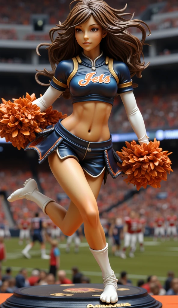 cheerleader outfit, football stadium, pom-pomsbelle, (full body), (masterpiece:1.2), (best quality), (ultra detailed), (8k, 4k, intricate), (highly detailed:1.2),(big breasts:1.4), smile, brown hair, , brown eyes, makeup