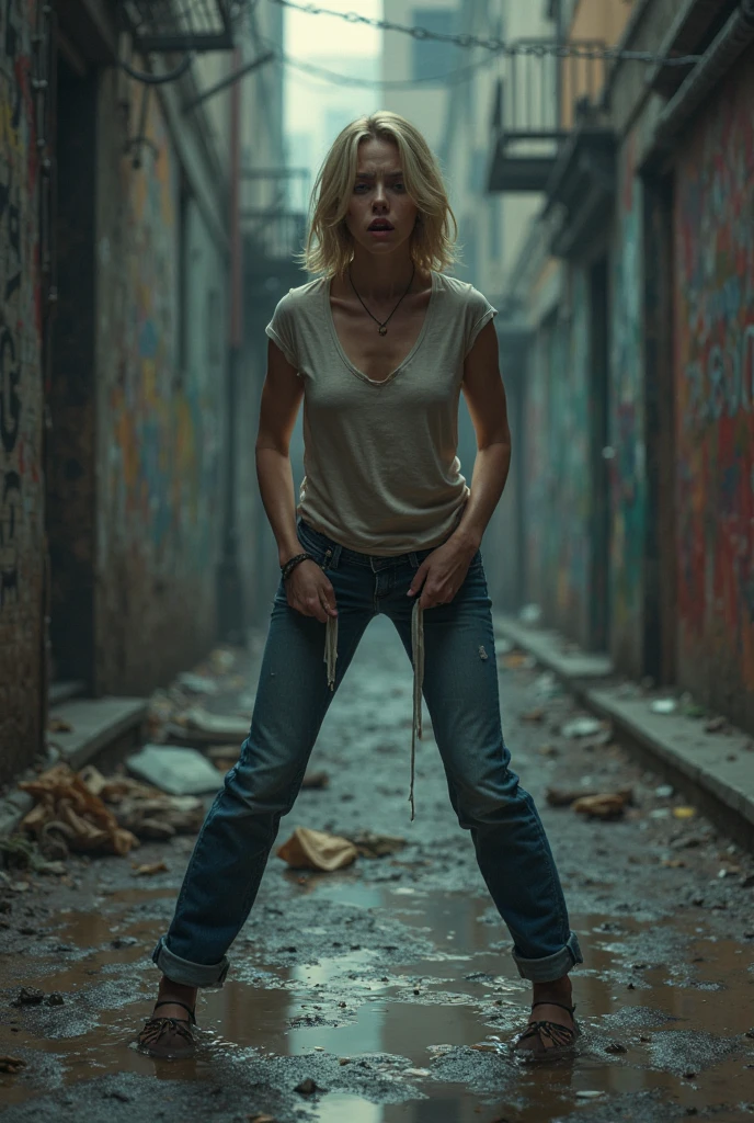 (Old dark street)blonde white woman.Wear skinny jeans that fit your body well and a short-sleeved T-shirt that fits your body well..very big breasts.very big breasts.((8k)).(A woman running away with a frightened expression on her face down a shabby, dark street).My heart is pounding.