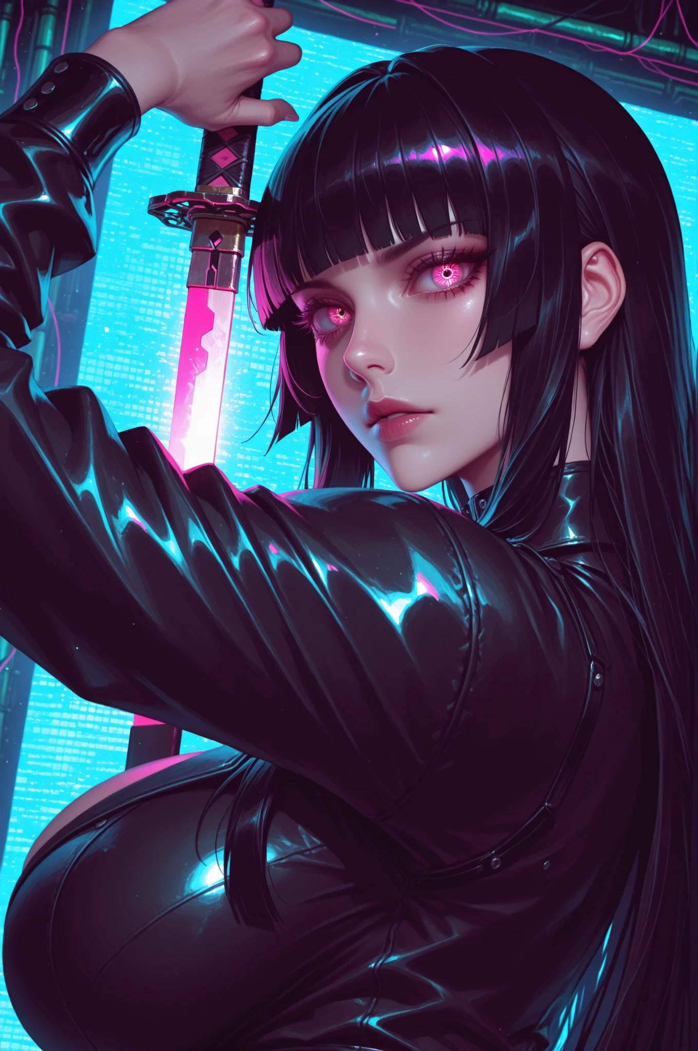 masterpiece, best quality, good quality, absurdres, highres, cyber punk,
BREAK
1girl, Face Focus, Side Angle, upper body, black hime cut, (magenta eyes), holding Katana pose,dynamic angle, huge breasts
BREAK
Backlight, one side light, cybernetic digital background with green neon light
