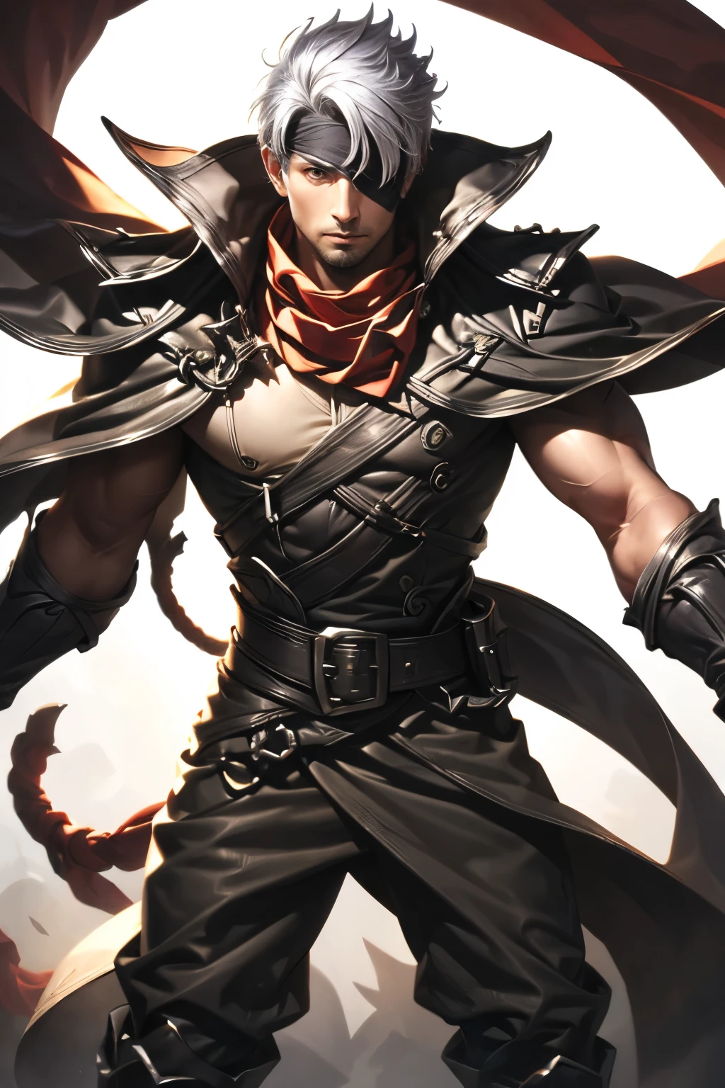 (absurdres, highres, ultra detailed), masterpiece, best quality, solo, a boy with white hair, ((yellow sleeveless outfit)), black scarf, mask, carry two swords, tattoo, from below, look down, dark background,