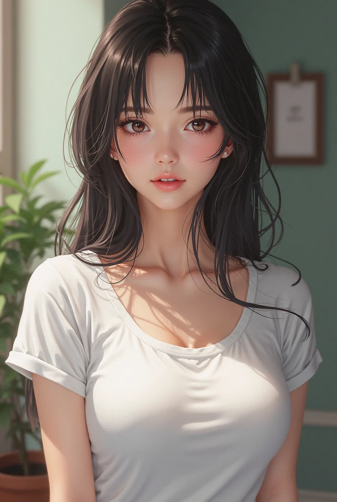 Anime girl with long black hair wearing a white shirt and a flower crown, Beautiful anime picture, stunning anime face portrait, Beautiful anime girl, Realistic kawaii image, Detailed image of an anime girl, Anime girl image, Realistic 3D anime style, realistic Young anime girl, Realistic anime art style, Young anime girl, Realistic anime style, Realistic anime art style