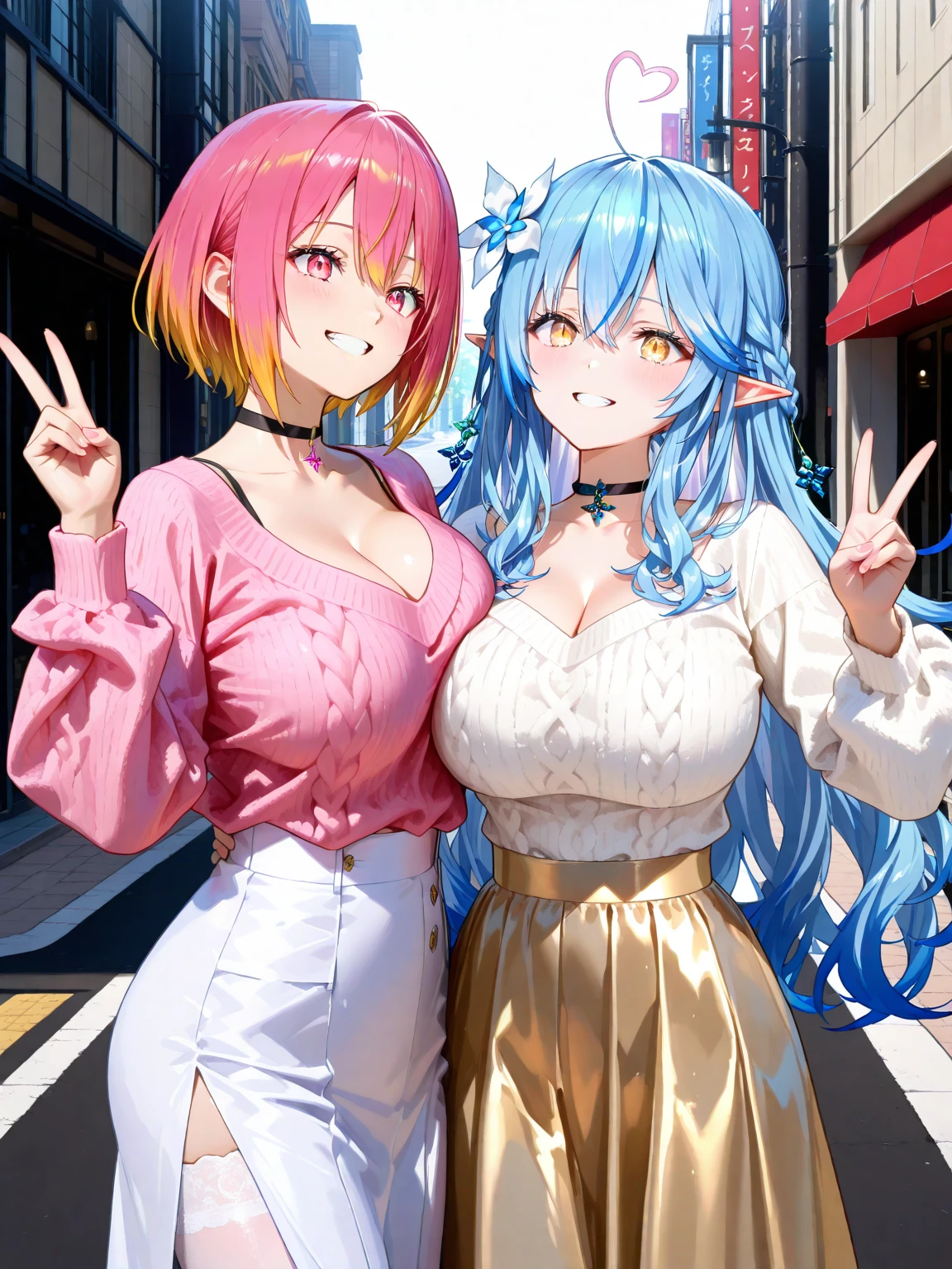 Modern city,Fluffy hair,Light blue hair,Blonde,Light pink hair,Headband,Braid,Autumn outfit,Short clothing that shows the buttocks,The sleeves of the dress are a little long,I can see a little cleavage,Moe sleeves,Date,Several people hugging each other,Embrace,watching each others eyes,Facing each other,blush with embarrassment,Happy expression,Hand in hand,Arms crossed,Flirting with a close-knit body