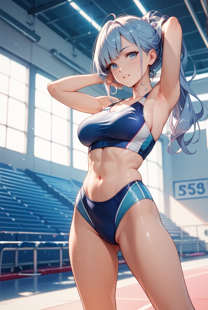 (top-quality、in 8K、32K, (Masterpiece, Slim Body, Delicate Fingers: 1.2), Best Quality, (Illustration: 1.2), (Hyper Detail), Eye Focus, Ultra Detail, (Fine Detail), (Intricate Detail), HDR, (Ultra Detail: 1.15), (Soft Light: 1.2), (1 girls), background, ((track and field), stadium, Wear, ((track uniform) , (sportswear), (sports bra), (sports bikini), (White hair and blue highlights),cyan eyes, teenager, embarrassed face, medium, short hair, solo, multicolored hair, ahoge, (large breasts:1.2), high quality, best quality, full body image, running, tried, sweat,