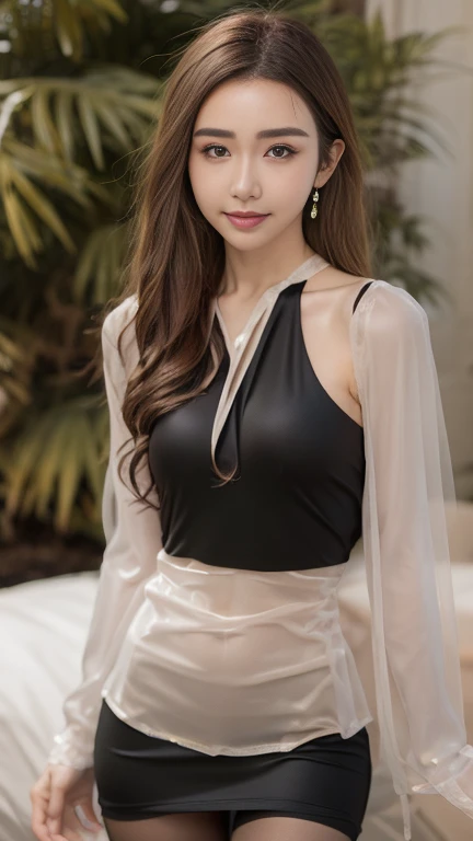 highest quality, masterpiece, Ultra-high resolution, realistic:1.3, solo:1.3, ((Clear Face)), cowboy shot:1.1, from front, (glowing skin), (looking at camera:1.3), (white Wrap top, black leather skirt), standing in room, leaning forward, (medium chest:1.3), long hair, smile, soft brightness
