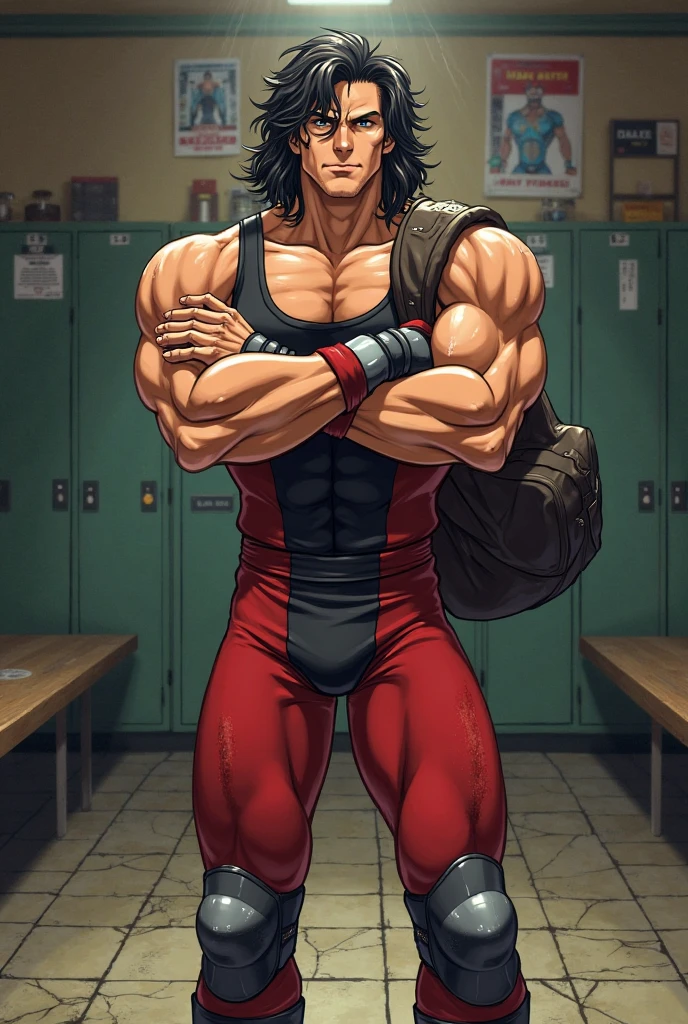  Young man, cute, handsome, youthful, determined, driven, focused, passionate,  bashful, 19-year-old, (combed parted brown hair), (glossy tan skin), (big tired green eyes), (wrestler), ripped, shredded, (torn (black) (wrestling singlet) ), (sneakers), well-trained muscles, strong, powerful muscles, sweating, sweaty, exhausted, intense gaze, icy stare, fighting stance, alone in a training gym, atmospheric, masterpiece, (90s anime)