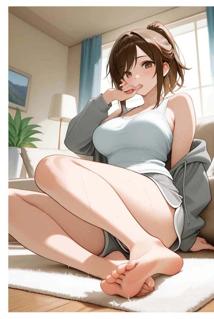 ((Medium Shot)), beautiful girl, underweight, very short hair, (wear a white long-sleeved T-shirt), (white bikini panties) , Perfect hands, Perfect body, put her feet on the table., (bare foot), (looking away), ((Exquisite detail)), Very finely crafted fingers(((10 fingers))), , (Full-body showcase), (Show your whole body), (No logos on background), (No logo), The camera frame is taken from below.,