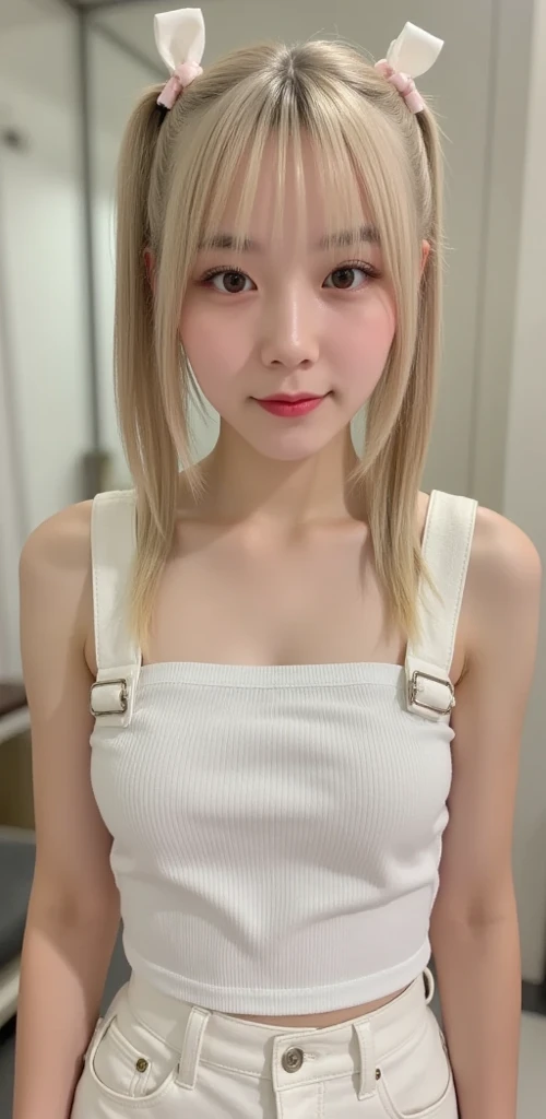 Highest quality masterpiece 8K Ultra-detailed Face Blonde beauty White summer sweater Selfie Sleeveless turtleneck Clothes with thin fabric
