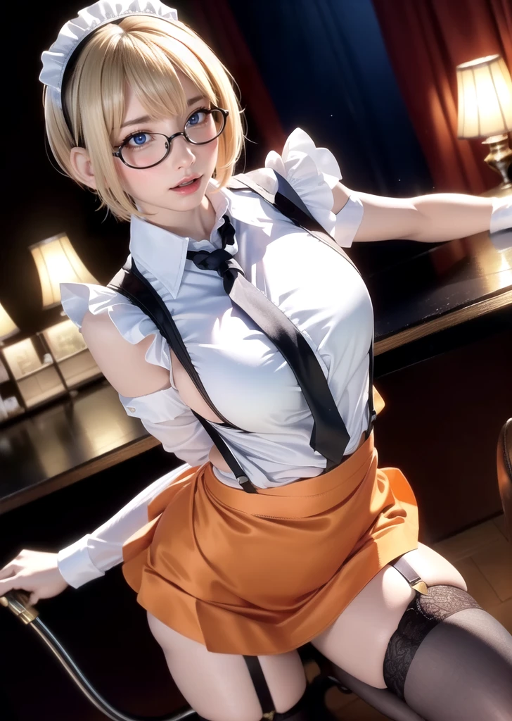 (8K, Raw photo:1.2), Detailed face and eyes,Best Quality, 超A high resolution, Highly detailed ,intricate detailes ,masutepiece ,Cute Girl , Soft cinematic light, Hyper-detailing,Sharp Focus, High quality, Blonde hair, bob cuts, tits out,zettai ryouiki, a miniskirt, panties on, eye glasses, NSFW, Leaning against the wall