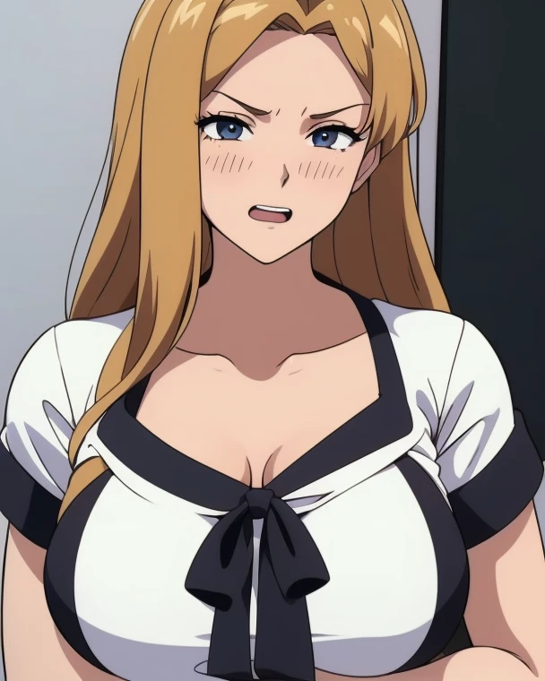 best quality, ultra high res, 1girl, Irina Jelavic, blonde hair, blue eyes, big breasts, cleavage, (simple dark background), white suit, white beret