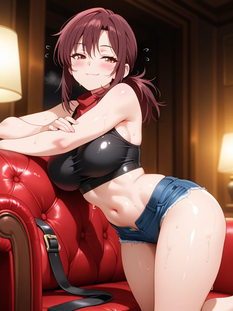 (1 girl), mischievous smile, on the beach, (muscular ass), (small waist), (butt only), (((Ichika Amasawa))), red ribbons in her hair, ((wide yellow eyes)), good anatomy, perfect hands, (((perfect, muscular legs))), thin waist, muscular abdomen, wearing black high heel shoes, full body photo, (standing), elongated eyes, eye reflection, anime, anime style , ray tracing, luminous lighting, panorama, Sony FE, 8k, hard disk, hard disk, master piece, ccurate, anatomically correct, textured skin, super detail, high details, high quality, high, hard disk, 16k