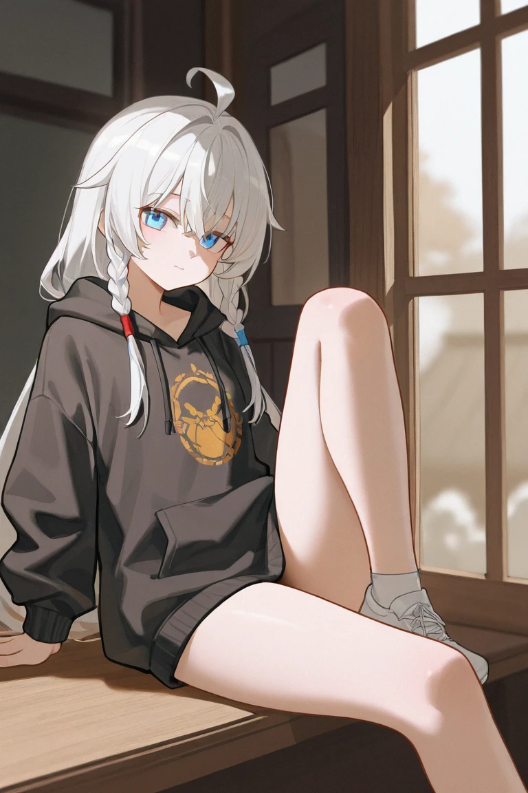 a beautiful girl with long white hair, grey hair accents, and kawaii features, with visible eyes partially covered by bangs, large breasts, yellow slanted eyes, long bangs covering one eyes, (Wearing a plain white loose t-shirt) (Wearing an open brown jacket) sitting pose Pose with both feet cupped falling pose, Free hand pose, Wearing loose socks, shiny black shoes, full body image with both hands in open pose, white background, image according to the tag. Wear short jeans  