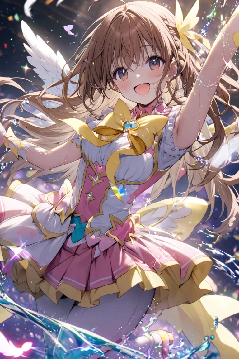 (((spread legs)))、(((Rainbow Magical Girl Costume)))、((Panty shot))、Beautiful Magician、short brown hair、((whole body))、(((photo taken from below)))、The background is darkness