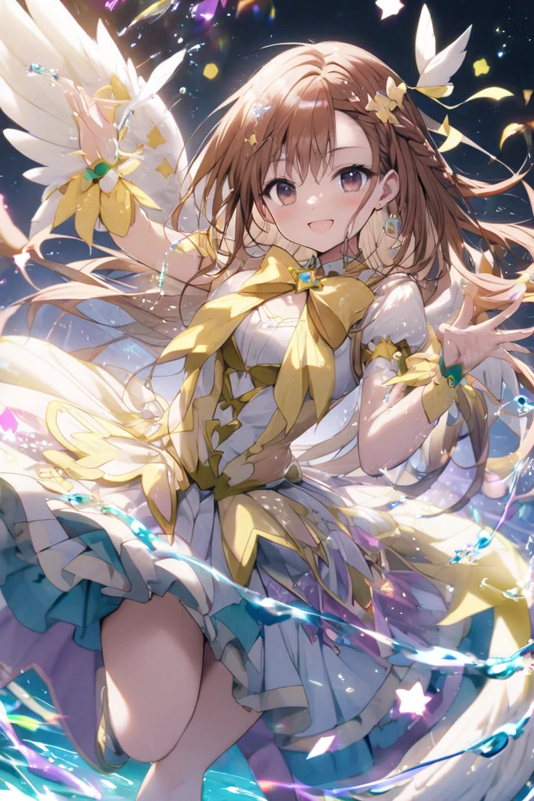 ((masterpiece, Highest quality, High resolution, 超High resolution, Pixel perfect, Written boundary depth, 4K, RTTX 10.0, High resolution))), 1 person, single, alone, Beautiful Anime, Beautiful art style, Anime characters, ((Shortcuts, bangs, Dark brown hair)), ((Green Eyes:1.4, Round eyes, Beautiful eyelashes, current eyes)), ((Smooth texture:0.75, Anime CG style)), ((Dynamic Angle, close)), Perfect body, (cute), Normal chest, whole body, ((4K, 8k, Highest quality, Perfect Fingers: 1.3, Perfect Anatomy: 1.3, Background Blur)), whole bodyアングル, Illustration of a princess with cat ears, The character is a princess wearing a gorgeous dress.、She has cute cat ears on her head, The dress has an elegant design with gold and pink embroidery.、It spreads softly with her movements, With a graceful smile on her face、Holding a small cat's tail in one hand, In the background, the interior and gardens of a gorgeous castle spread out.、Overall, the scene is a fusion of fantasy and cuteness.